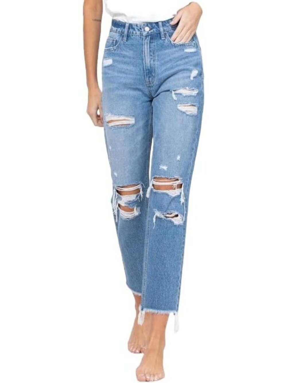 Distressed Raw Hem Mom Jeans for Women | Trendy High-Waisted Denim Pants